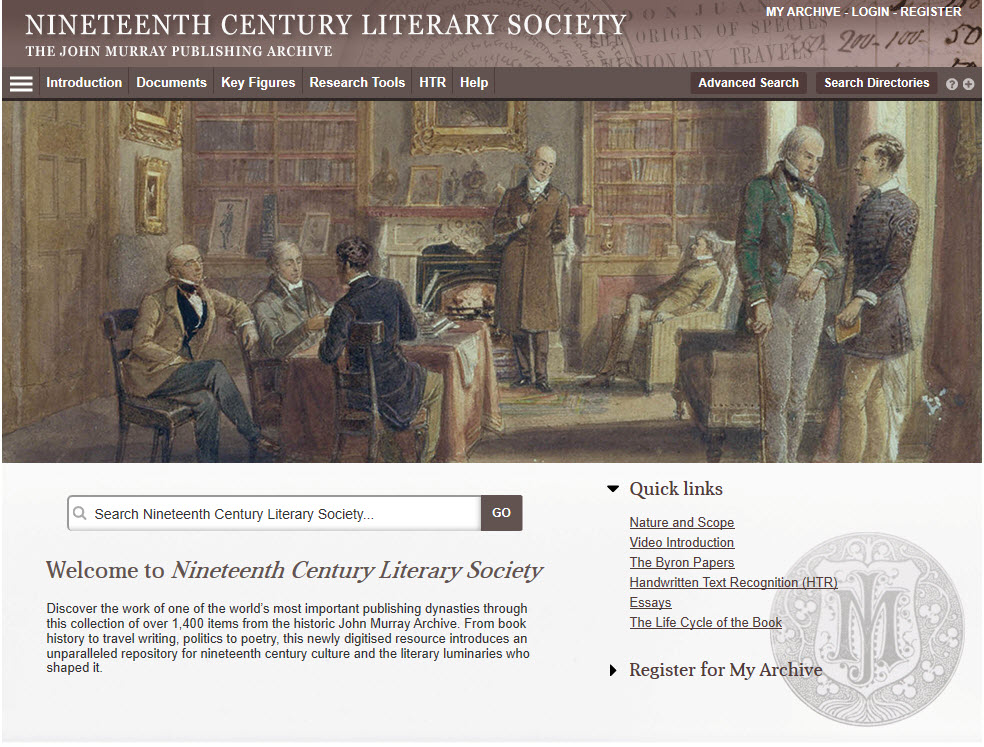 Screenshot of the homepage of Nineteenth Century Literary Society